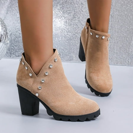

YOUSNH Women s Autumn and Winter Fashion Suede Solid Color Diamond Side Zipper Ankle Boots Warm Comfortable Shoes Woman Shoes Khaki 6.5