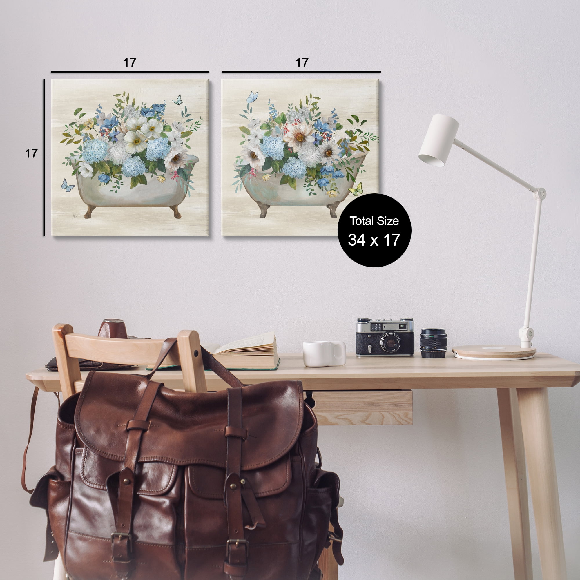 Stupell Industries Butterfly Hydrangea Bathtub Bath & Laundry Painting Wrapped Canvas Art Print Wall Art, 17 x 17, Set of 2
