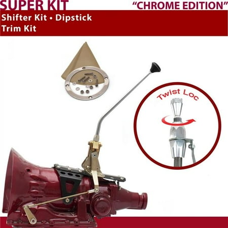 American Shifter C4 Shifter Kit 12 in. Trim Kit Dipstick Chrome Push Button Tan Boot Ringed Knob for F75B8
