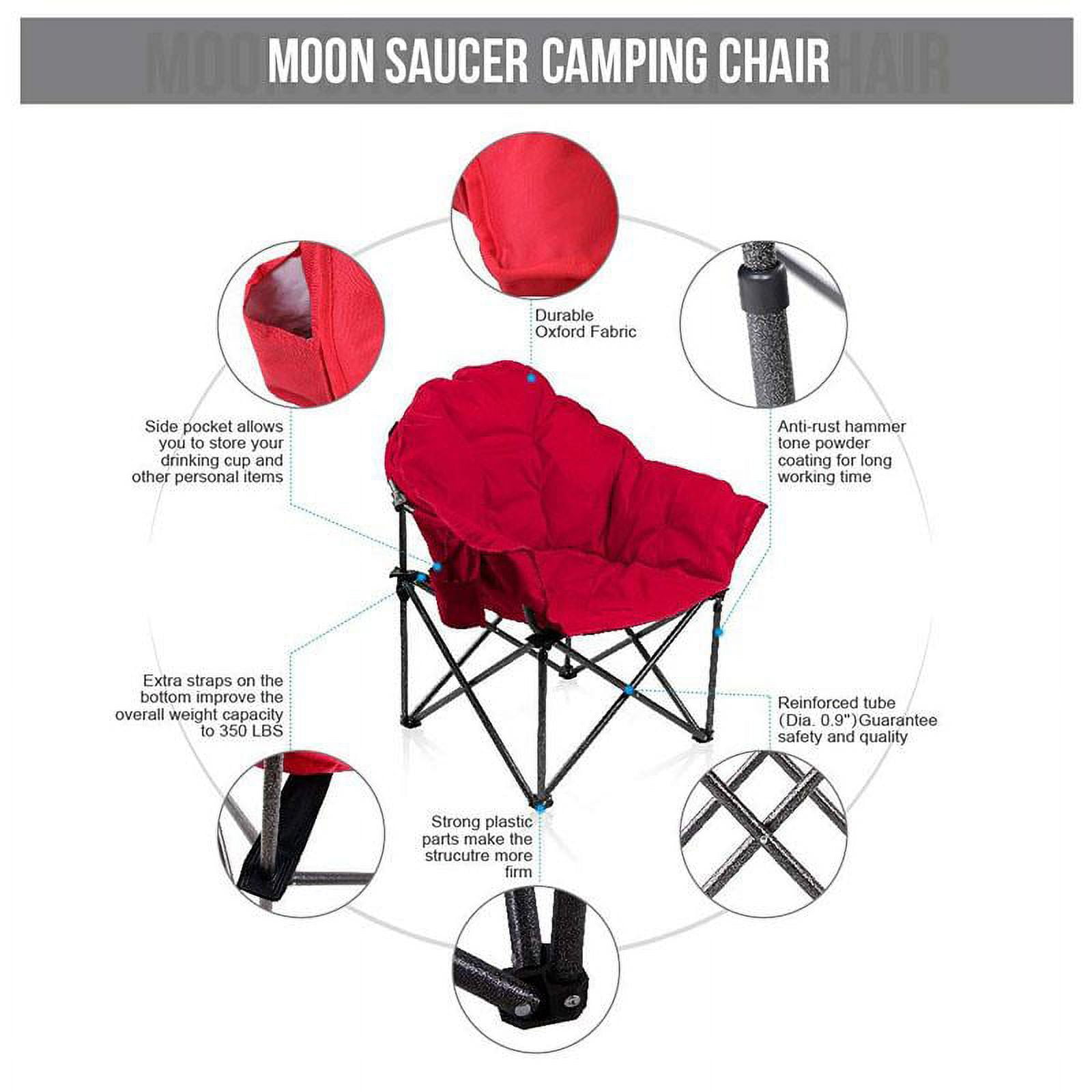 MF Studio Oversized Padded Moon Chair Camping Folding Saucer Chairs with Cup Holder and Carry Bag, Supports up to 400lbs, Red