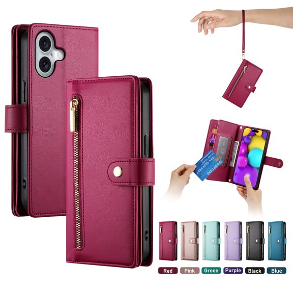 ELEHOLD for iPhone 16 Plus Flip Case, Wallet Zipper Magnetic Buckle Kickstand Wrist Strap Multifunctional Card Slots Wallet Business Case with Crossbody and Wrist Strap,Red