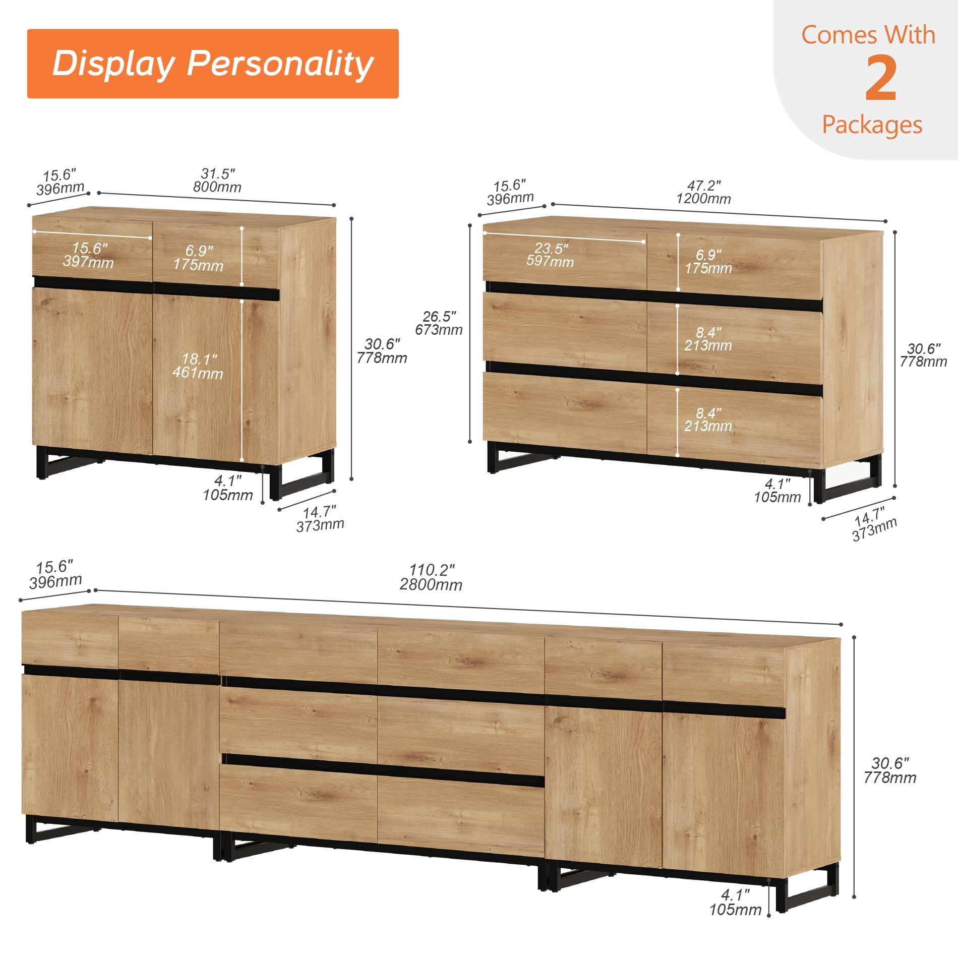 Modern Sideboard with Adjustable Shelves, 3 in 1 Storage Cabinet, Coffee Bar Cabinet for Living Room, Kitchen, Oak