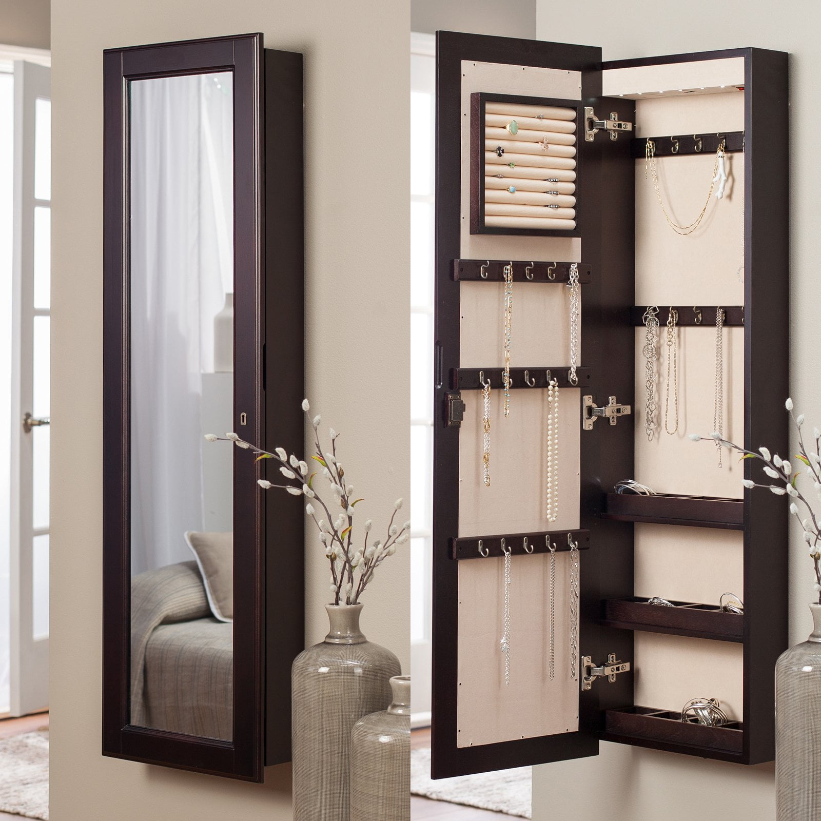 Belham Living Lighted Wall Mount Locking Jewelry Armoire Espresso