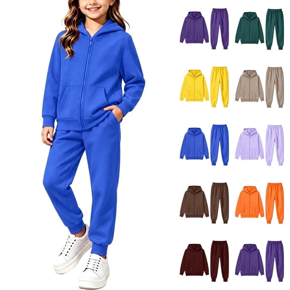 Boys Girls 2 Piece Sweatsuit, Zip Up Hoodie Casual Cozy Sweatshirt and Jogger Sweatpants Set, Athletic Tracksuit with Fleece Lining for Kids