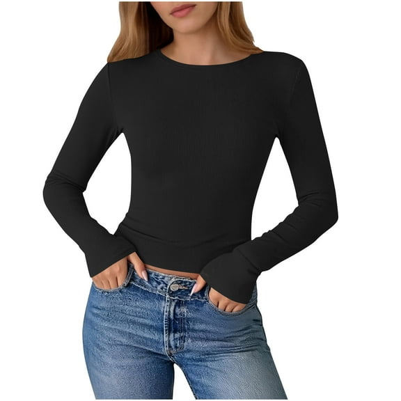 ZHYou Womens Tops,Ribbed Knit Crop,Long Sleeve,Crew Neck,Stretchy,Form Fitting Casual Basic Tee Shirts,Black,Size L