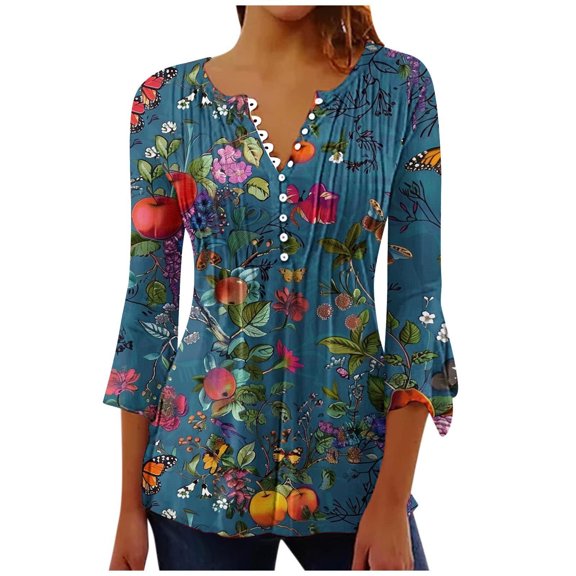 Raeneomay 3/4 Length Sleeve Womens Tops Women Fashion Printed Casual V-Neck Short Sleeve Loose T-Shirt Blouse Tops