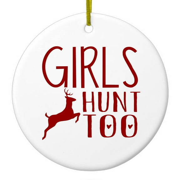 DistinctInk Hanging Ceramic Christmass Tree Ornament with Gold String - Great Gift / Present - 2 3/4 inch diameter - Girls Hunt Too - Deer