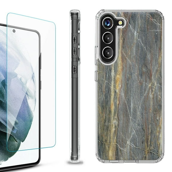 Shockproof Bumper Phone Case for Samsung Galaxy S23 5G, with Tempered Glass Screen Protector, by OneToughShield ® - Marble/Camo