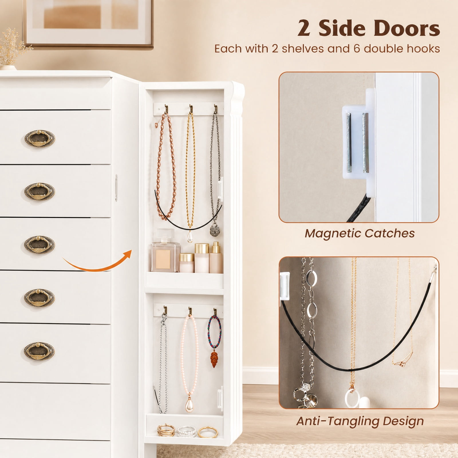 Furnibear Wooden Jewelry Armoire Cabinet Storage Chest with Drawers and Swing Doors for Bedroom Dressing Room Jewelry Necklace Rings Storage, White
