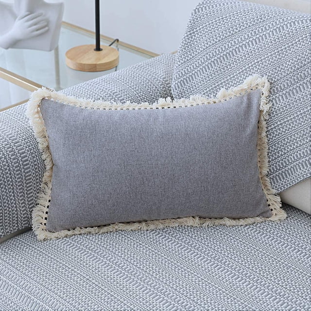 Granjero Gordo Funda de cojín de lino y algodón con decoración de borlas, funda de cojín para la cintura, funda de cojín para sofá (gris 03, 12" x 20")