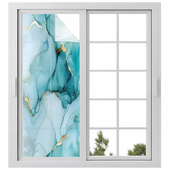Reusable Frosted Window Coverings, Turquoise Marble Window Privacy Film Frosted, Abstract Modern Art Marble Crack Sun Blocking Windows Stickers for Kitchen Front Door, 23.6 x 59 Inches