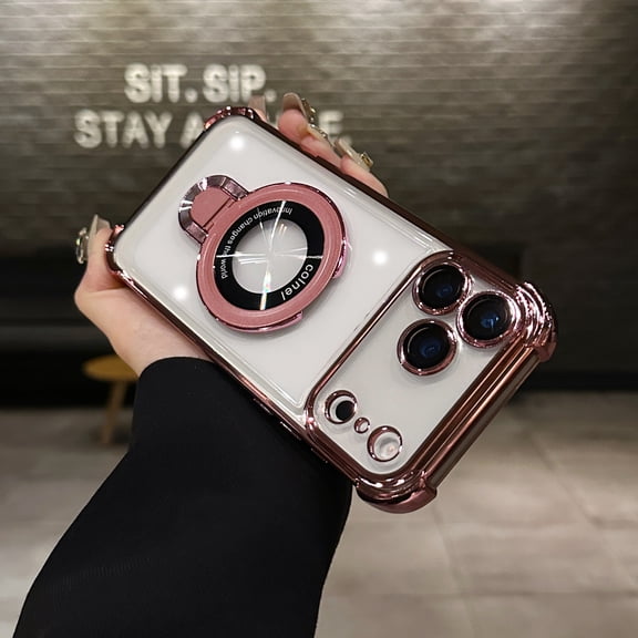 for iPhone 18 Pro Clear Case with Magnetic Ring Stand, [Compatible with MagSafe] Shockproof Kickstand Plating Case with Camera Lens Protector Girls Woman Cover for iPhone 18 Pro, Cherryred