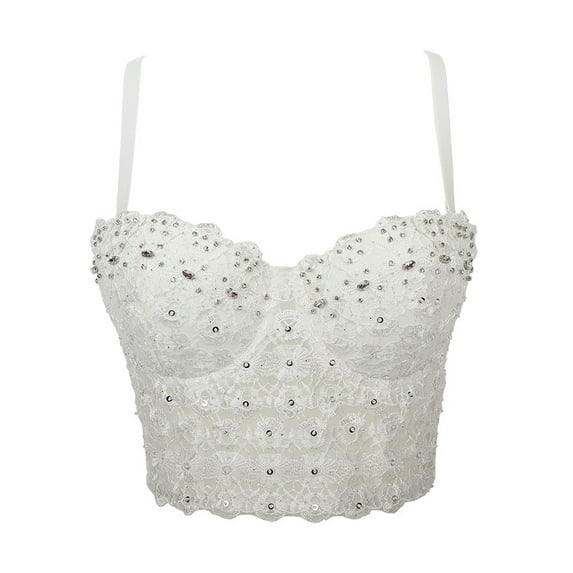 One opening Sexy Tank Embroidered Spaghetti Strap Bead Padded Crop Top