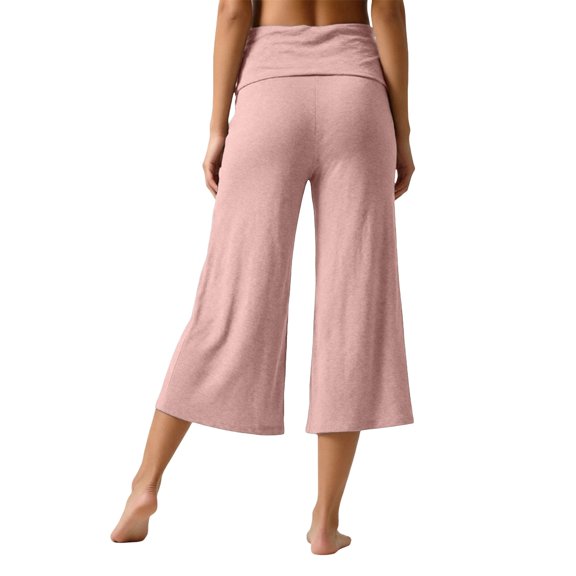 FINALGANG Womens Fold Over Waist Cropped Wide Leg Yoga Pants Solid Color Soft Stretchy Casual Loose Fit For Loungewear Yoga Daily Activities Rose Gold L