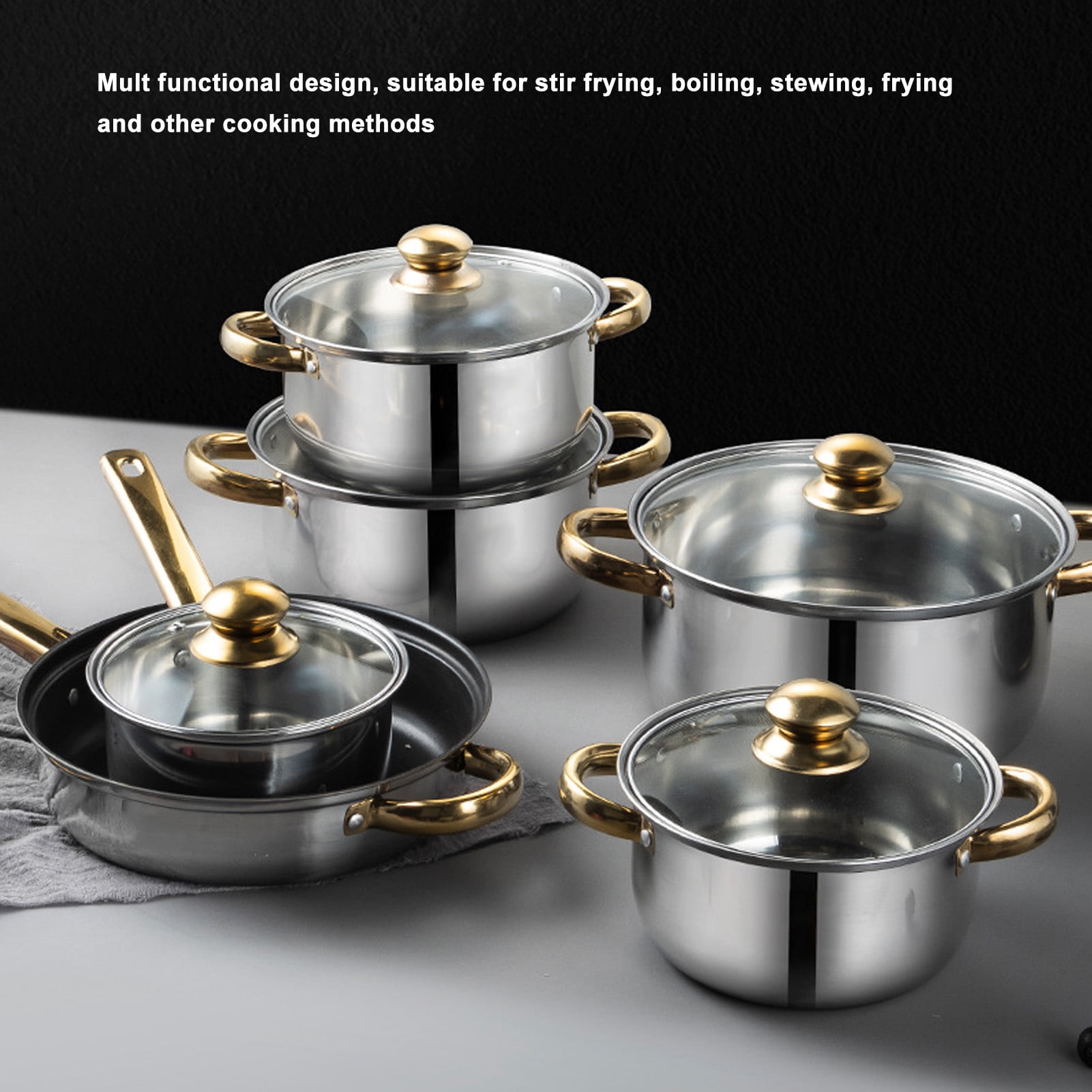 Nonstick Pots And Pans Set, 12 Piece Stainless Steel Non-stick Kitchen Cookware Set Golden Handle Easy Clean