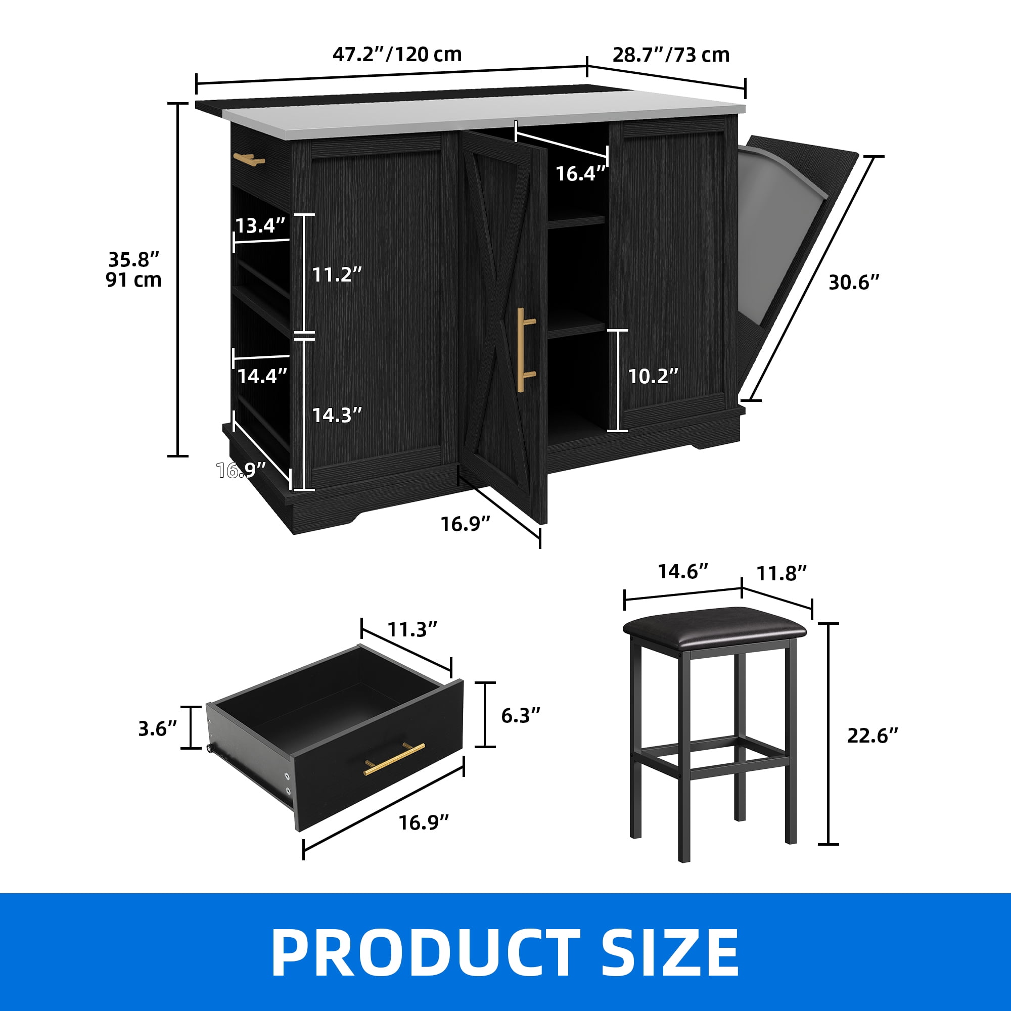 DEXTRUS Kitchen Island Table with Stools & Trash Storage, Kitchen Island with Drop Leaf, Black