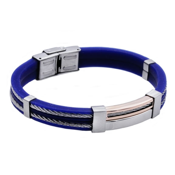 Arista Men's Blue Rubber Bracelet in Rose Plated Solid Stainless Steel, 8.5"