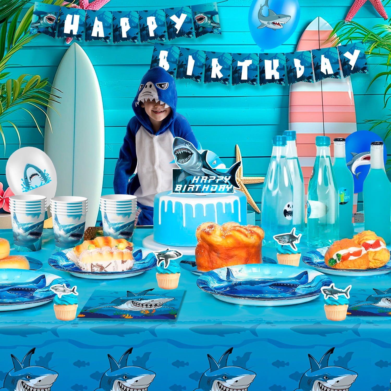 Shark Birthday Party Decorations,Shark Party Decorations & Shark Tableware Set- Shark Plate Cups Napkins & Shark Birthday Banner Balloons Cupcake Toppers etc Shark Birthday Party Supplies
