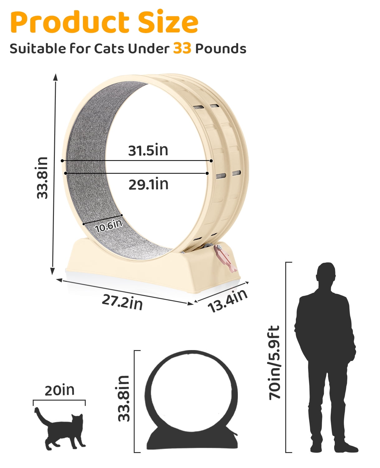 Ktaxon Cat Exercise Wheel 31in w/Green Mat & Free Teaser Wand, Safe PP Treadmill for Cats, White