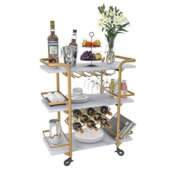 3 Tier Bar Cart Gold Rolling Serving Bar Cart Modern Wine Cart with