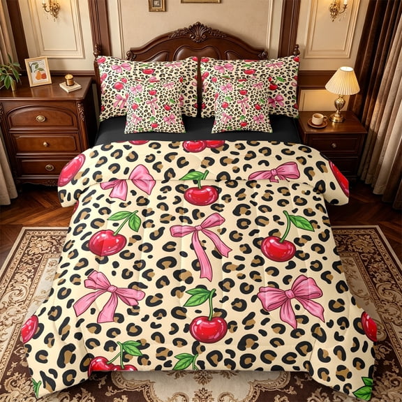 Manfei Cute Bow Cherry 7-Piece Twin Bedding,Brown Cheetah Print Bedding Comforter Set,Black Reversible