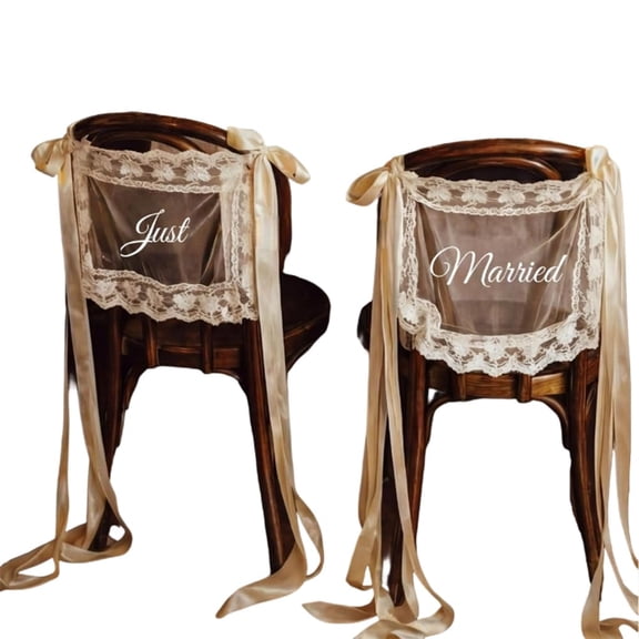 Personalized Just Married Wedding Chair Covers, Set of 2 Mr & Mrs Chair Signs with Ribbon,Custom Vintage Sheer Lace Table Decor, Bridal Shower Chair Sashes for Wedding Reception Ceremony