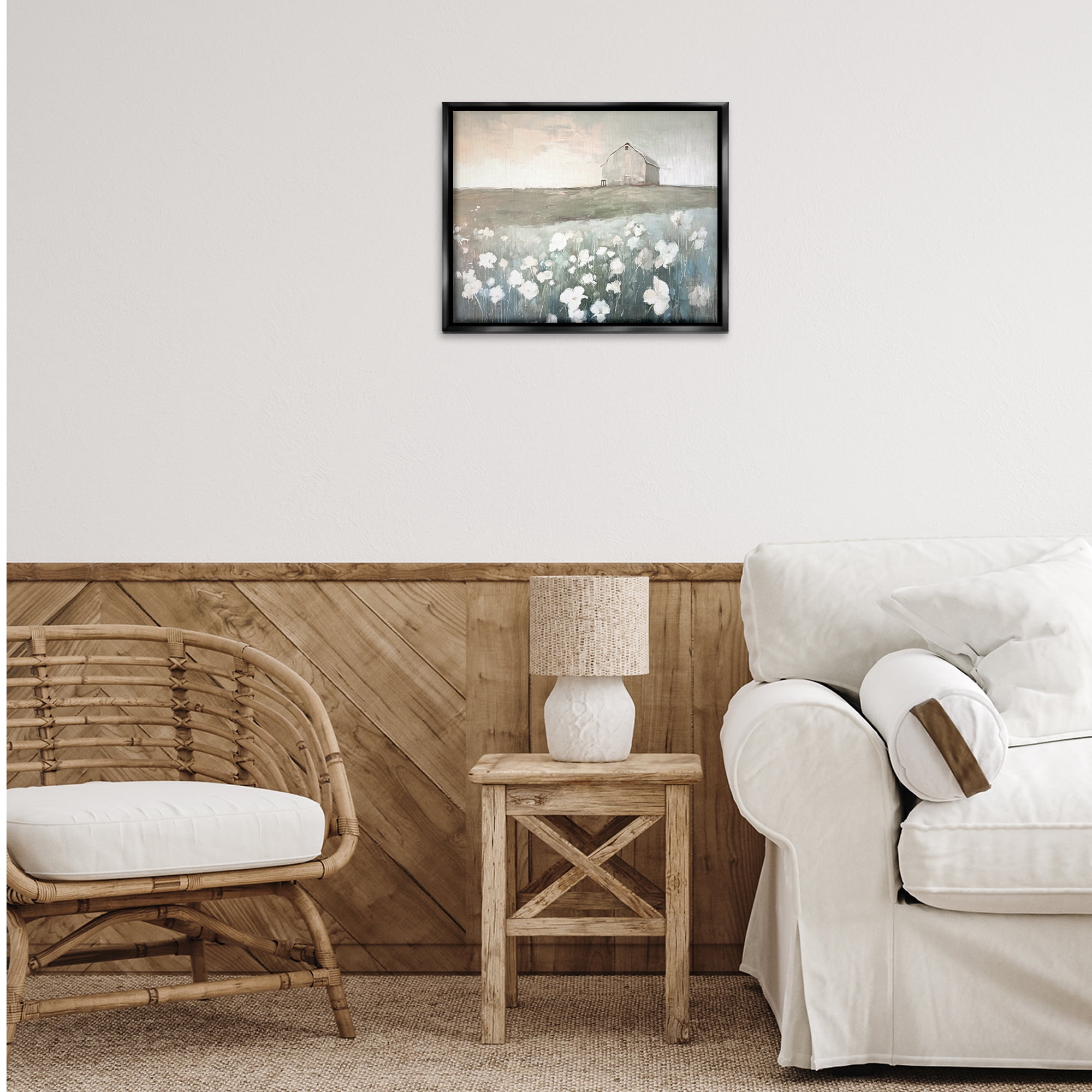 Stupell Industries Peaceful Floral Pasture Landscape Painting Black Floater Framed Canvas Art Print Wall Art, 21 x 17