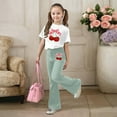 thumbnail image 4 of Girls Casual Outfits Bow Cherry Print Short Sleeve Top with Flared Pants Comfortable Loose Playwear Kids 2 Piece Sets Green 13-14 Y, 4 of 5