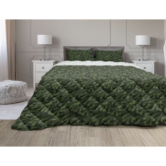 Winter Comforter & Sham Bedding Set, Vivid Fir Pine Branches Trees Coniferous Trees Evergreen Nature Forest, 3 pcs Duvet Set Microfiber Filling Quilt, 5 Sizes, Green Dark Green Caramel, by Ambesonne