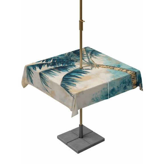 Square Outdoor Tablecloth with Umbrella Hole Coastal Beach Tree Outside Table Cloth Waterproof Patio Table Cover Vintage Tropical Palm Plant Zipper Tablecloths for Picnic Party Camping 60x60 Inch