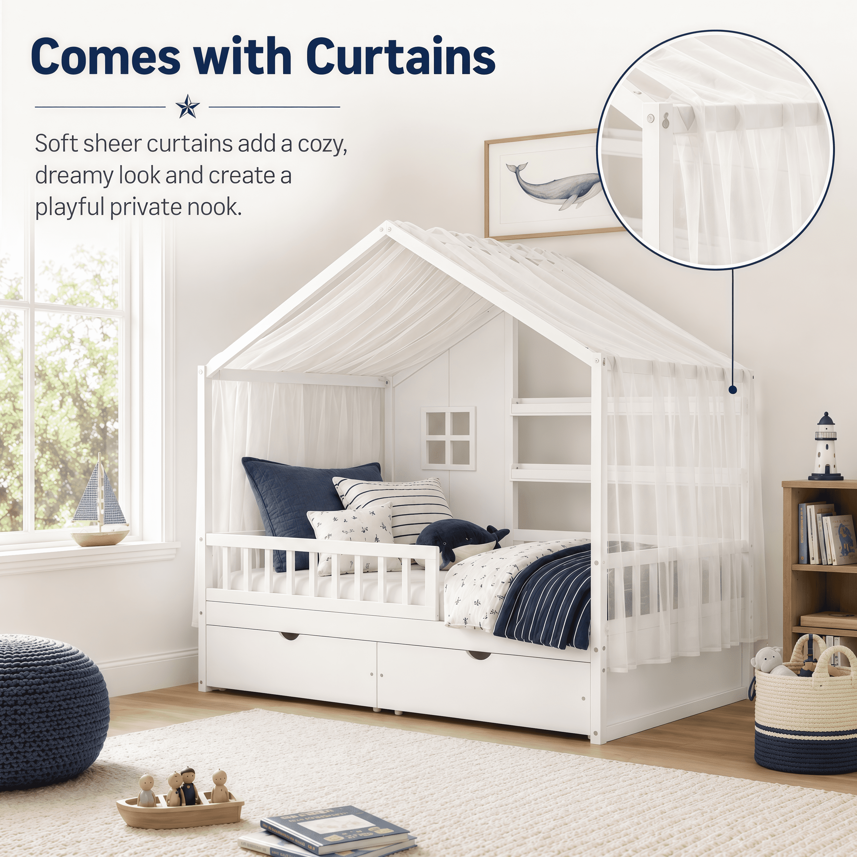 Euroco Wood Full Size House Bed with Roof and Curtains, Montessori Floor Bed with Drawers and Safety Guardrails,No Box Spring Needed, White