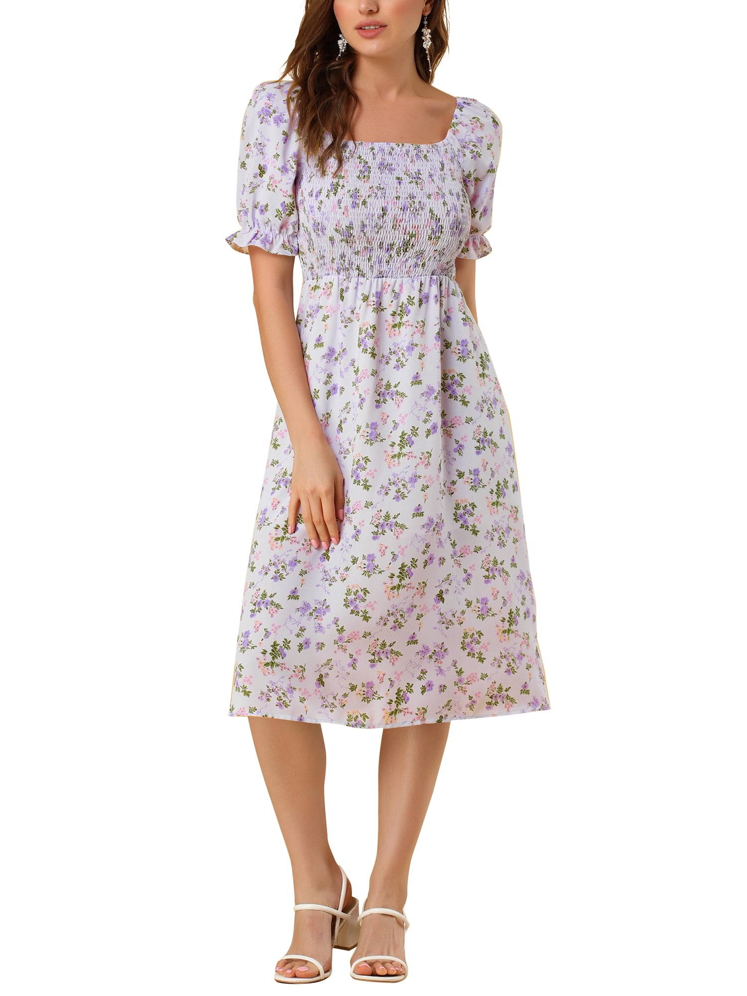 DARING DIVA Square Neck Puff Sleeves Smocked Waist Midi Floral Dres S Purple