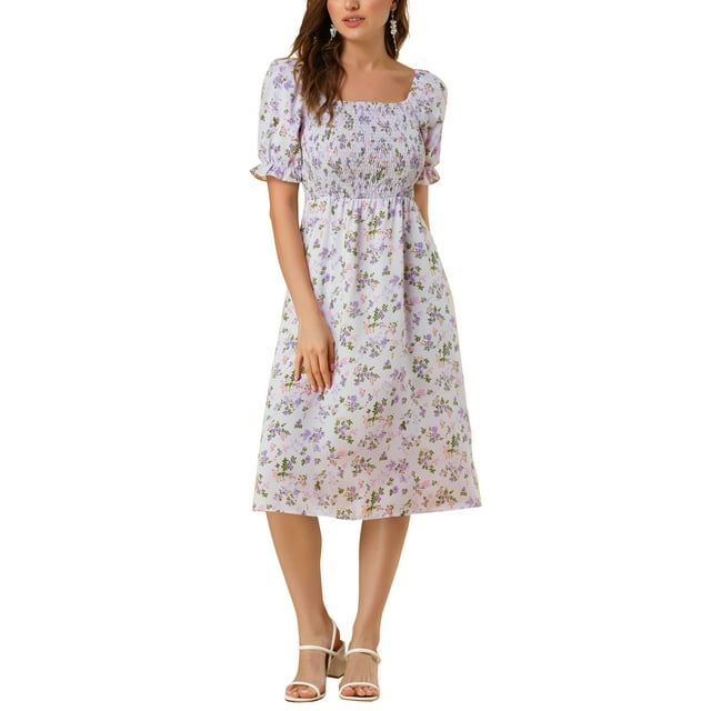 INSPIRE CHIC Robe d'Été pour Femme, Robe Midi à Fleurs Smockée, Encolure Carrée, Manches Courtes Bouffantes, m Violet