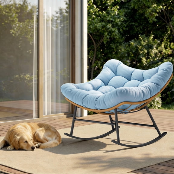 SIKAIC Outdoor Single Rocking Chair with Waterproof Thickened Cushion, Patio Egg Chair with PE Wicker, Sky Blue