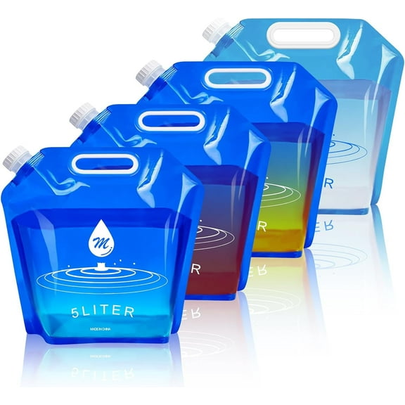 LIOUCBD Water Container Bags, 4 Packs BPA Free No-Leak Foldable Plastic 1.3 Gallon Water Container Bag for Camping Hiking Backpack Emergency Storage Jug