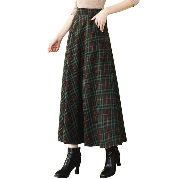 Ploknplq Plaid Skirt for Women Tartan Maxi Length Plaid Skirts for Women Maxi Skirt Green XL