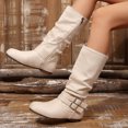 thumbnail image 5 of Women Ruched Knee High Boots, Double Metal Buckle Strap Side Zip Faux Suede Tall Boots, Low Flat Heel Slouch Long Boots Beige 9.5(43), 5 of 9