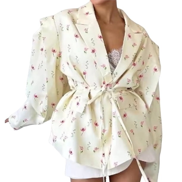 Chaqueta de Traje de Mujer de Larga con Solapa, Estilo -Otoño, con Cinturón en la Cintura y Hombreras. Flor L