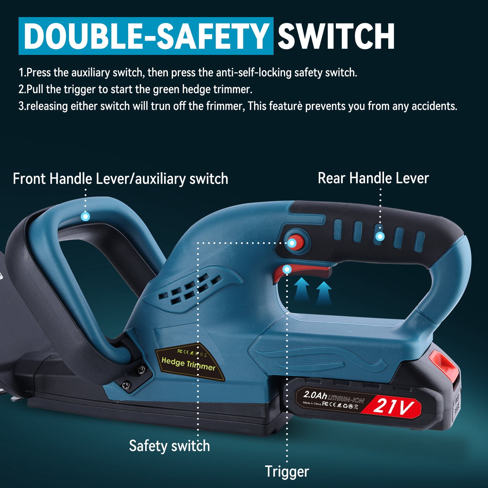 21V 20" Cordless Electric Hedge Trimmer with 2.0Ah Battery & Charger, Handheld Hedge Cutter, Grass Shrub Trimmer, Lightweight & Compact Trimmer for Garden Yard Bush & Shrub Cutting, Trimming, Pruning