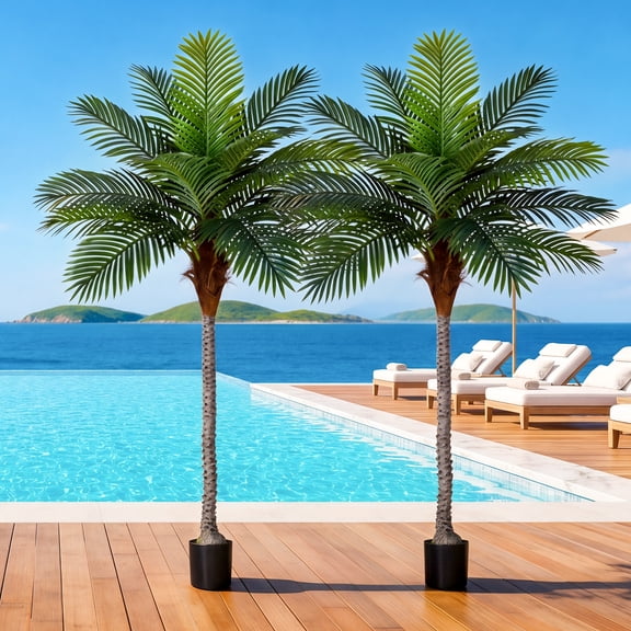 ROMSWI 2 Pack 7FT Artificial Palm Tree, Lifelike Potted Golden Cane Palm Tree, Tropical Faux Tree for Outdoor Indoor Home Office Living Room Decor