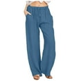 thumbnail image 2 of Conairie Women Linen Pants Wide Leg Elastic Waisted Lounge Palazzo Trousers Vacation Beach Pants Outfits With Pockets Blue L, 2 of 6
