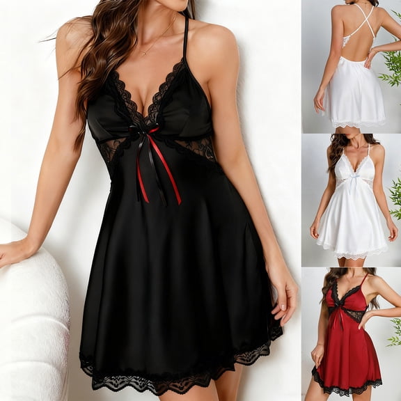 Sakmal Lace Moomoo Nightgownss Women Soft Sleeveless Satin Babydoll Pajama Sleep Dress Solid Short Nightgowns for Women L