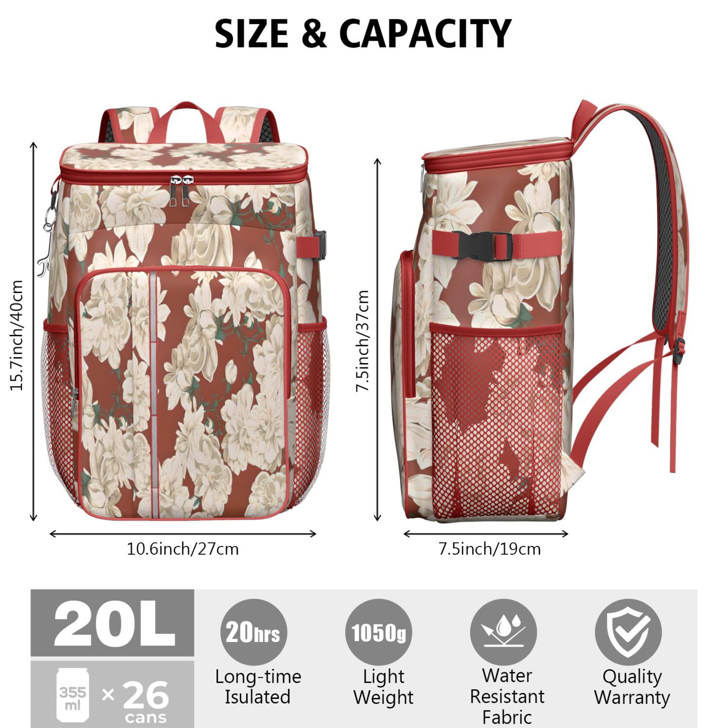 Travel Cooler Bag - Pioneer Flower Floral Print Pattern Camping Beer Cooler Backpack with Bottle Opener- Waterproof Insulated Picnic Backpacks - Cooler Bag for Beach