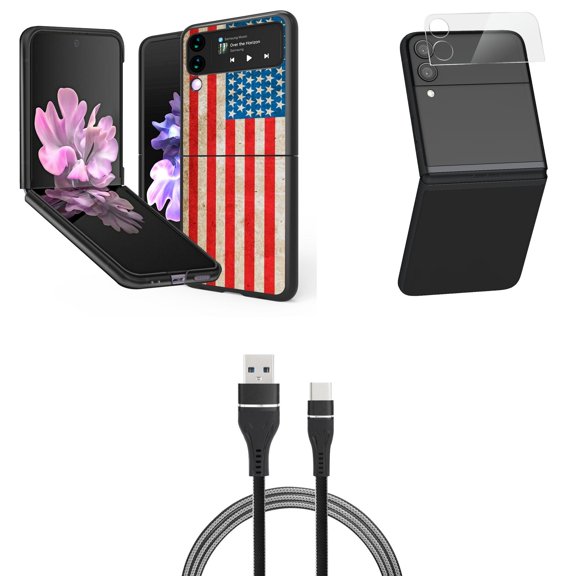 Bemz Premium Bundle for Samsung Galaxy Z Flip 3 5G: Slim Snap-On Protector Case (Vintage American Flag), Rear Camera Glass Protector, Nylon Braided USB-C to USB-A Cable (3 Feet)