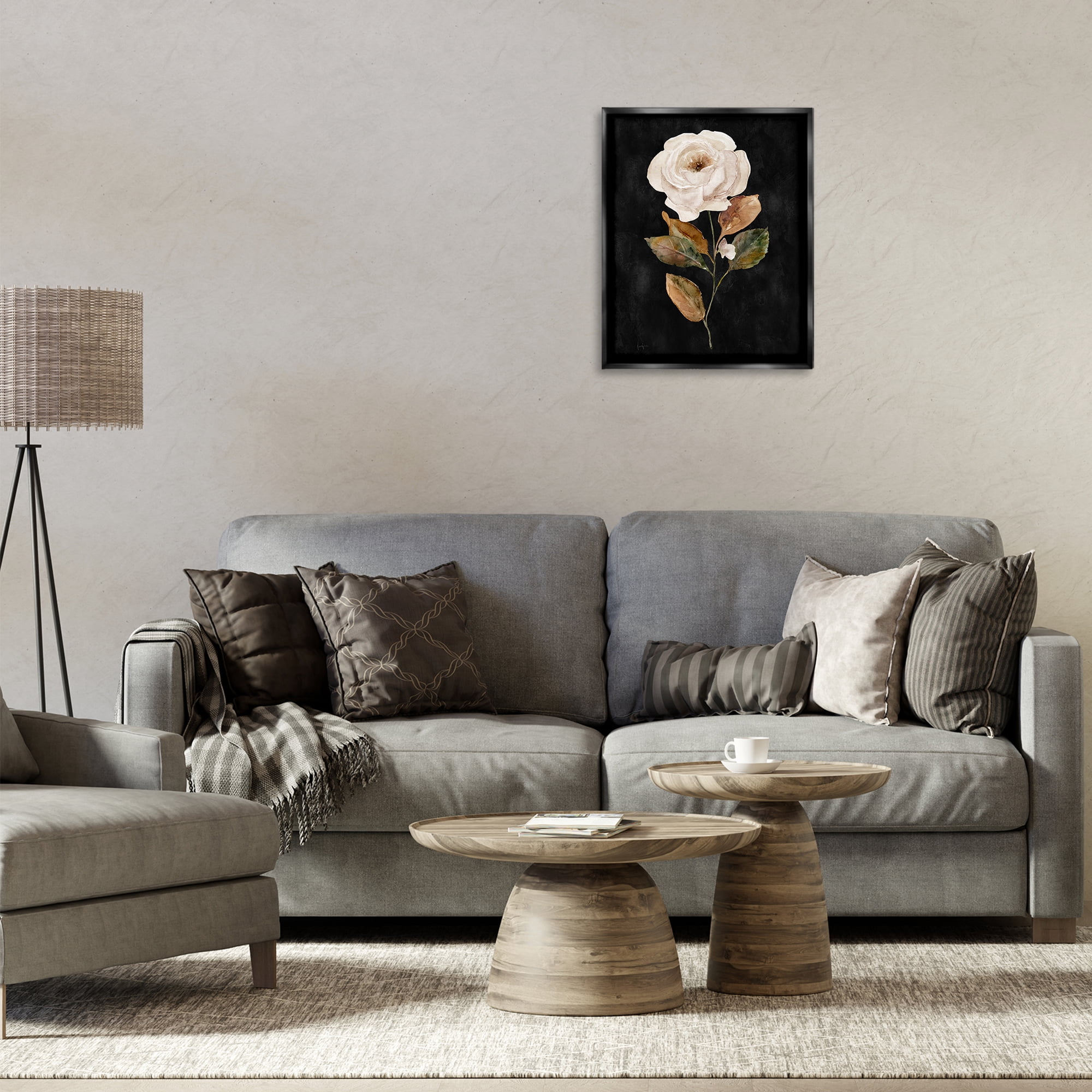 Stupell Industries White Rose on Black Plants & Flowers Painting Black Floater Framed Canvas Art Print Wall Art, 17 x 21