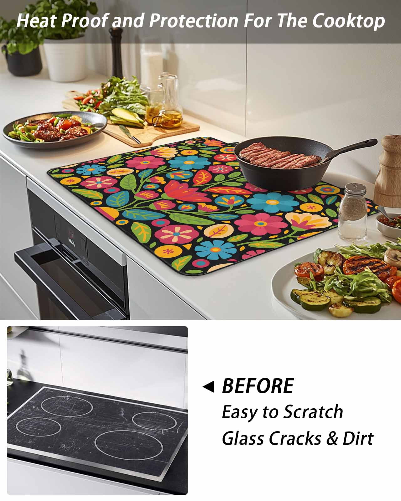 Stove Top Covers for Electric Stove, Boho Flower Glass Stovetop Cover Protector, Red Blue Yellow Colorful Mexico Tribal Induction Cooktop Protector Oven Mat for Kitchen Countertop 24"x21"