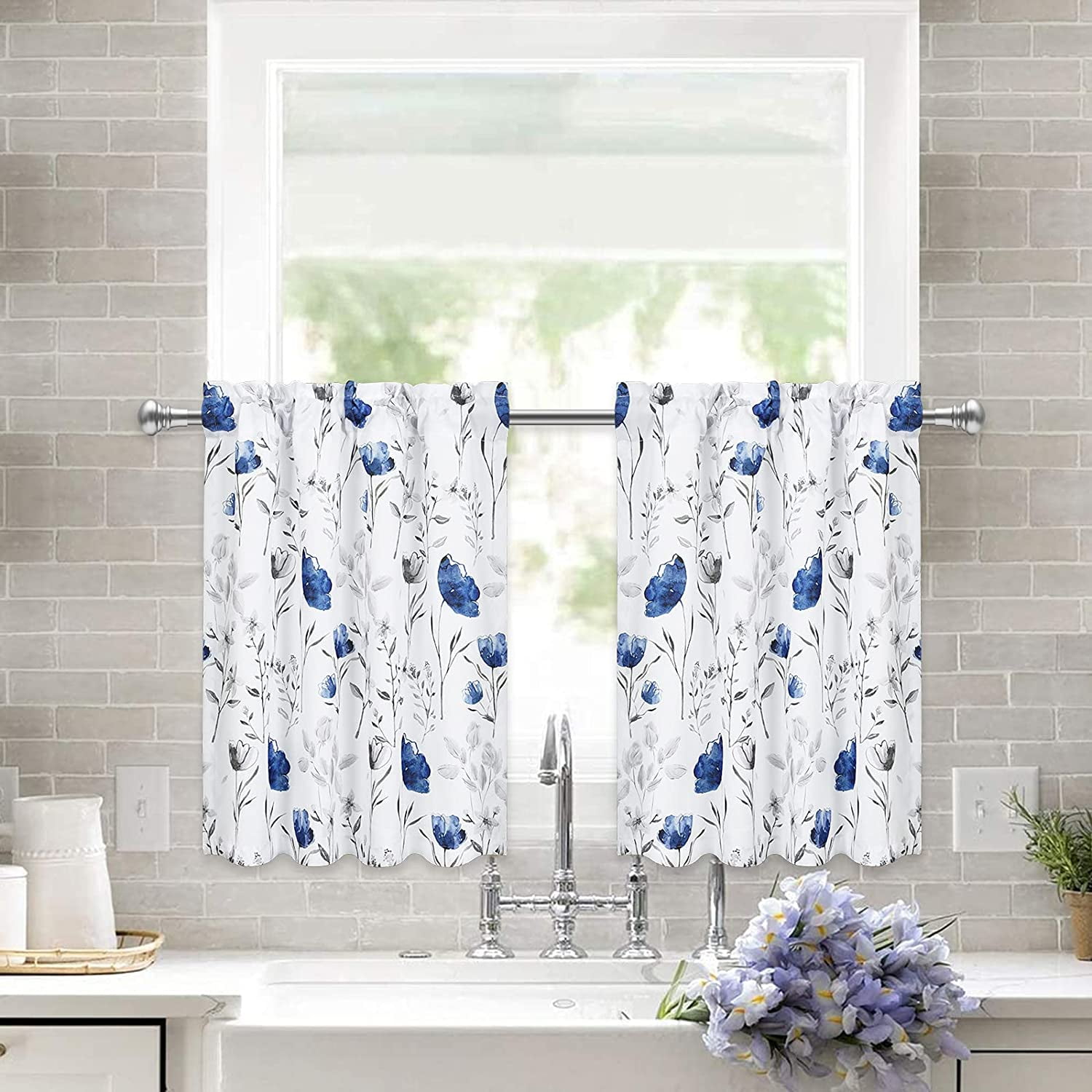 Alishomtll Kitchen Curtains Blue Floral Watercolor Print Tier Curtains
