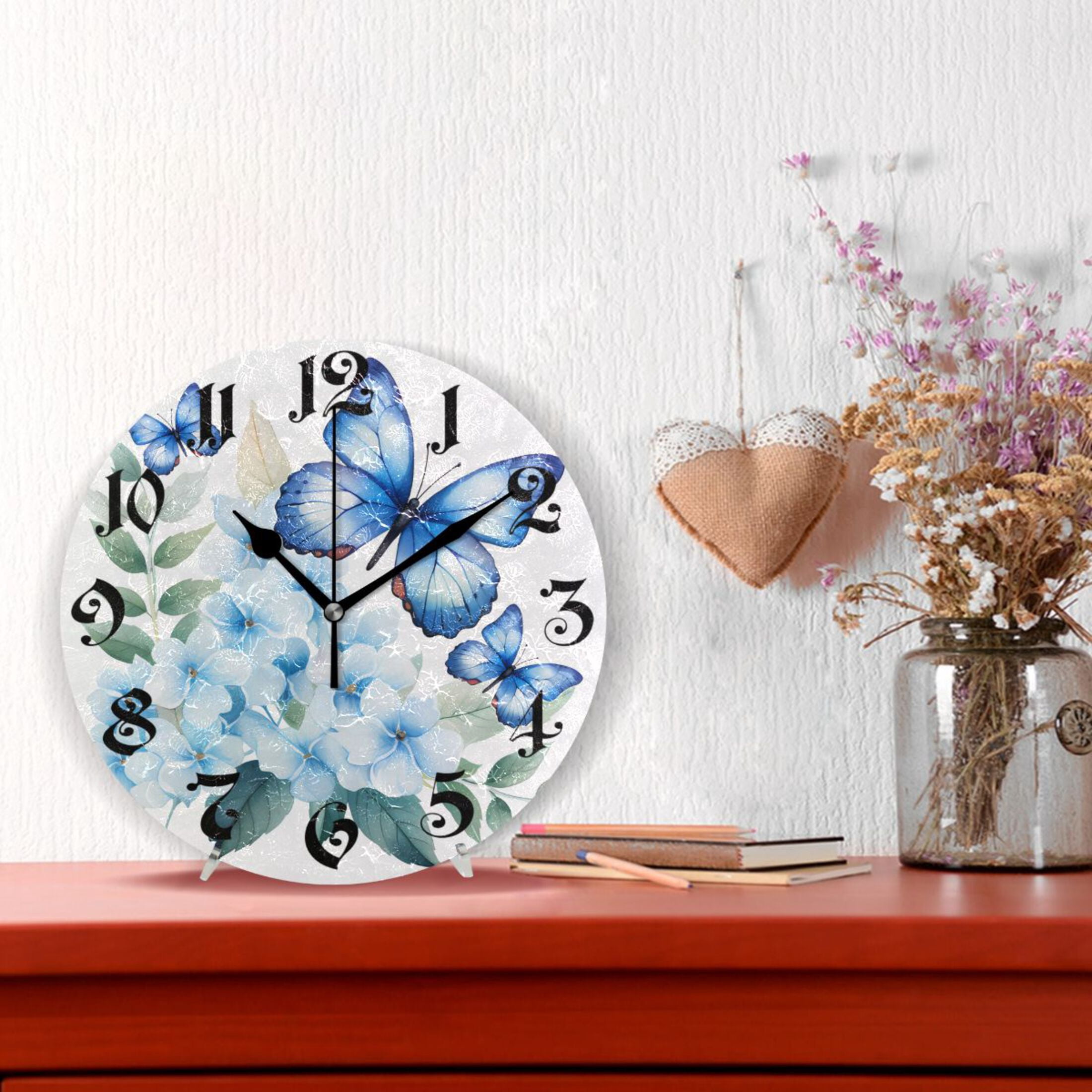 Wall Clock 10 Inch Silent Non-Ticking 8 Flowers and Blue Butterflies Battery Operated Rustic Retro for Living Room Home Kitchen Bathroom