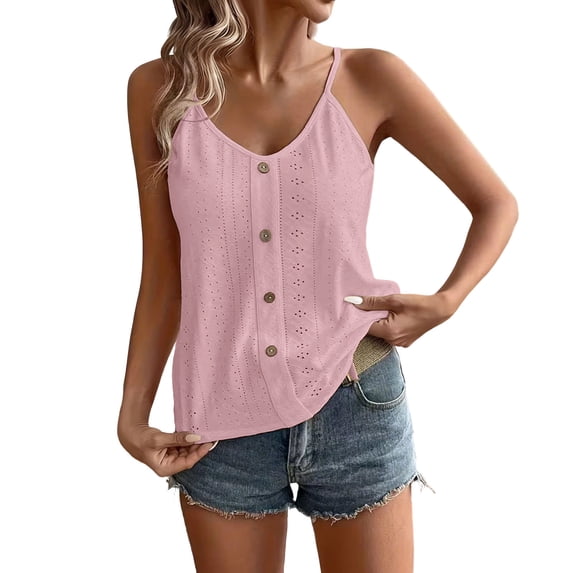YFNNUP Women Tank Tops Button Eyelet Camisole Slim Fit Strappy V Neck Camis Top Casual Beach Vacation Sleeveless Shirts Pink XXL