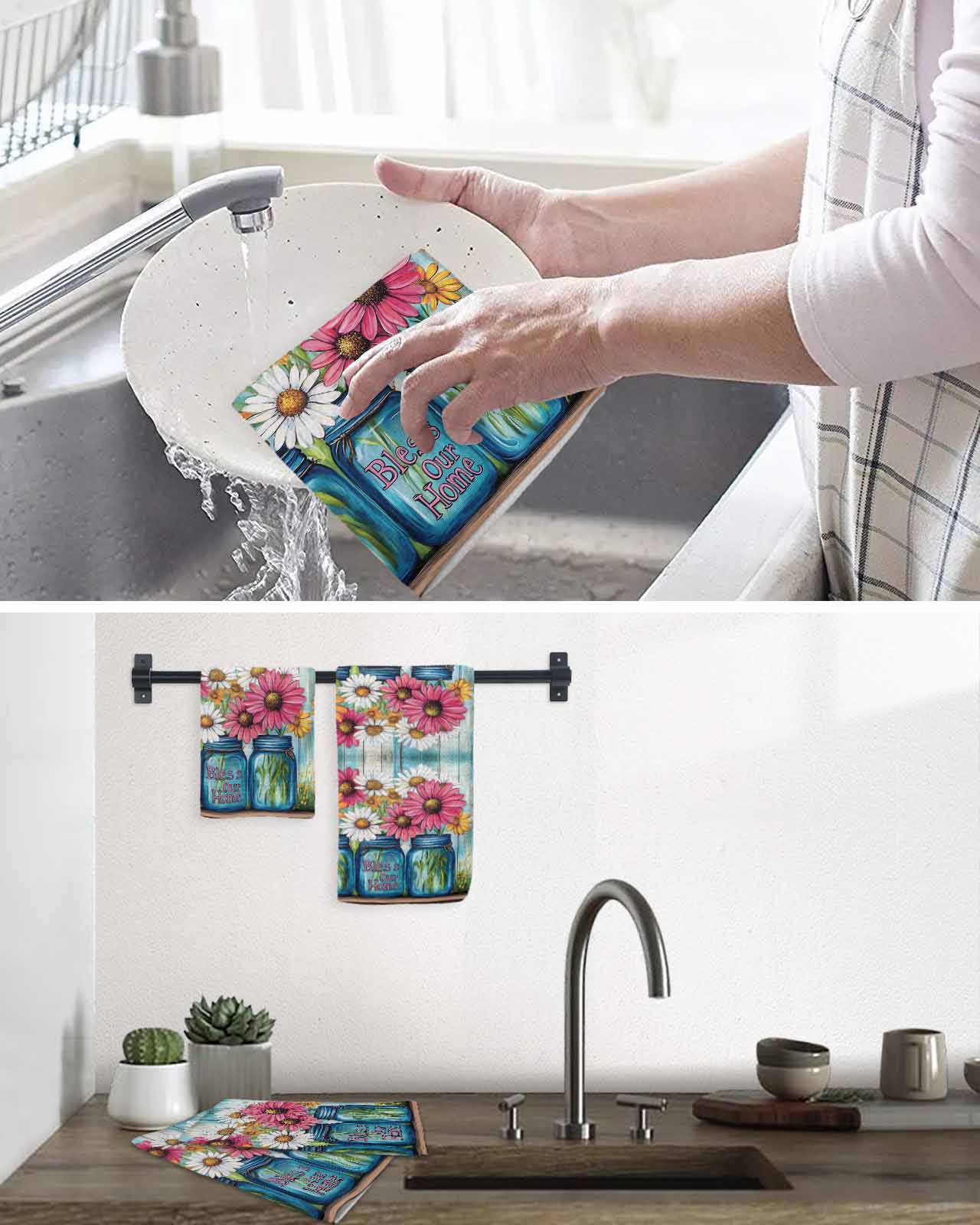 Red White Daisy Kitchen Dish Towels for Drying Dishes Set of 3, Vintage Bottle Teal Wooden Grain Waffle Weave Microfiber Terry Hand Tea Bathroom Towels Quick Dry & Absorbent Towel 15.7x23.6